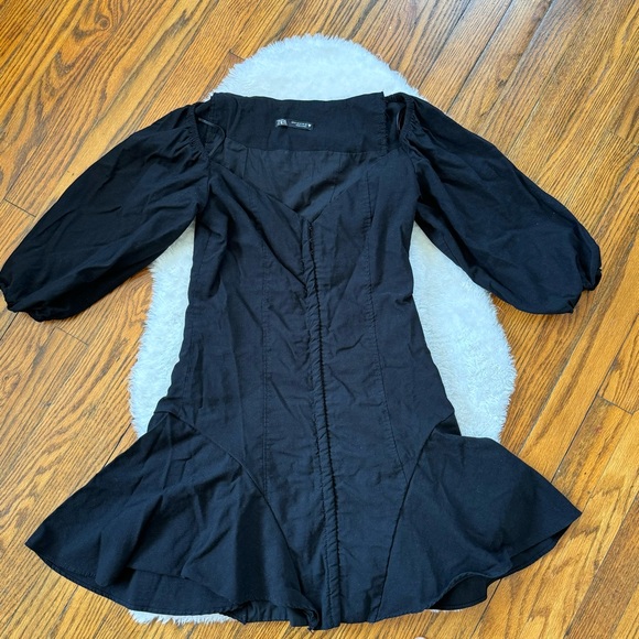 Zara Puff Sleeves Black Flare Corset Mini Dress Size M - Picture 3 of 10